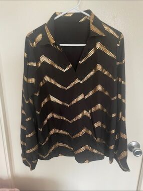 SHEIN Black Blouse with Gold Chevron Stripe Detail
